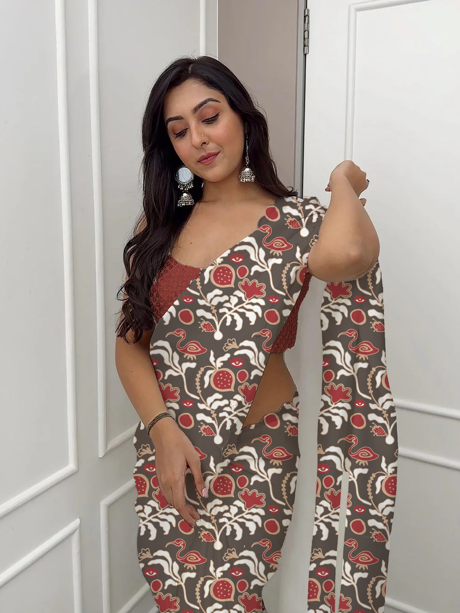 Eye Spy Brown designer modal cotton saree, handcrafted lightweight saree online by Shayora