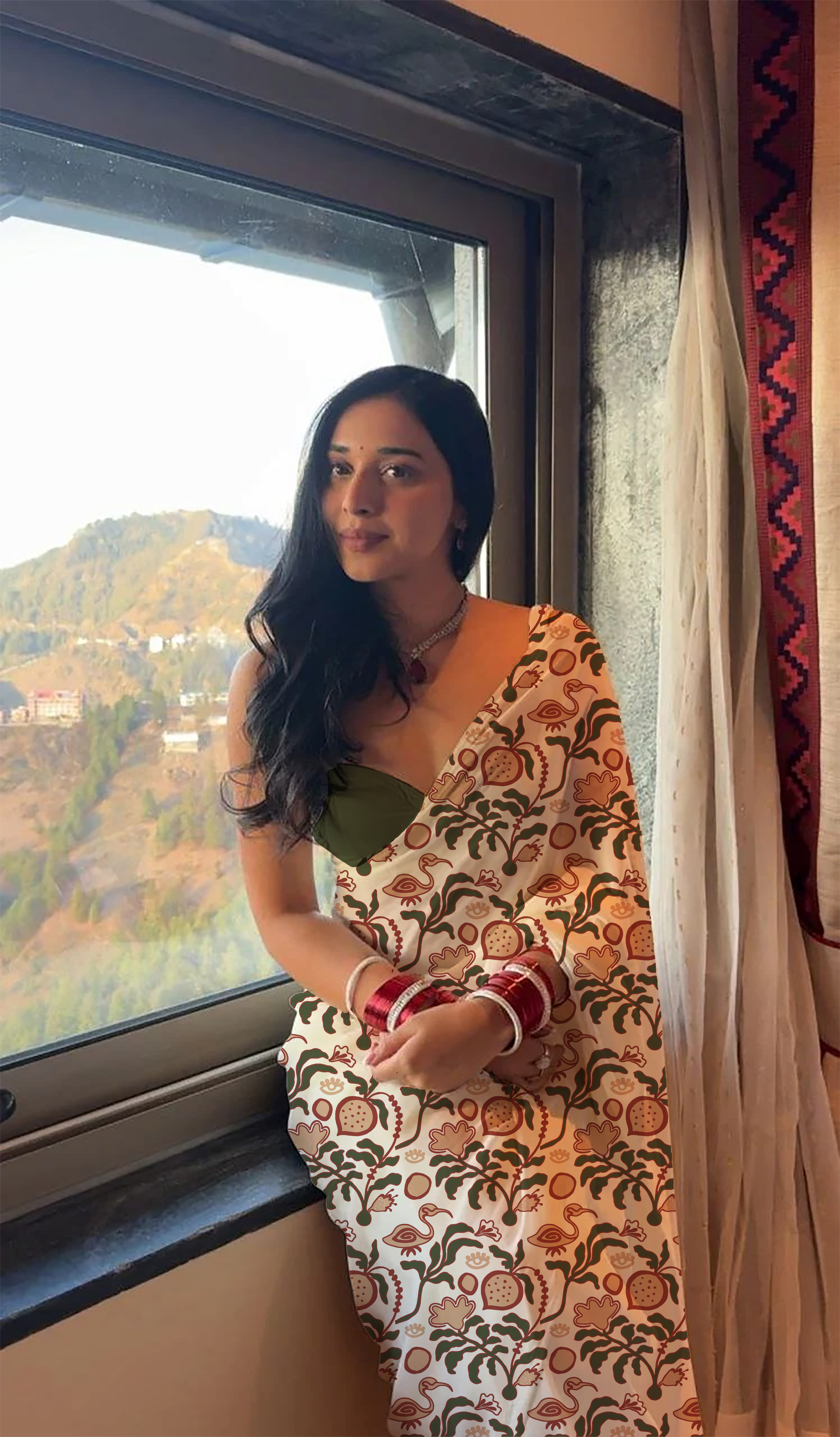 Woman draped in Eye Spy White saree, handcrafted mul cotton saree for everyday wear by Shayora