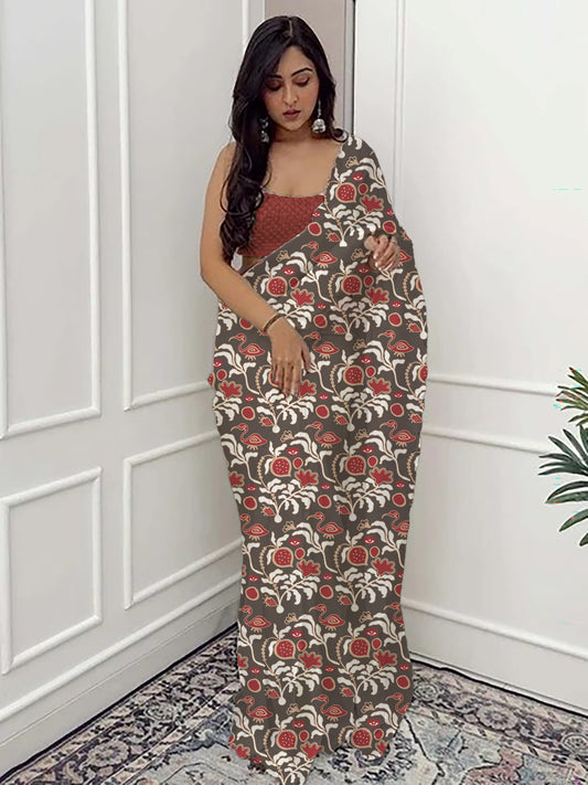 Woman wearing Eye Spy Brown saree, handcrafted designer modal cotton saree with soft sheen and artistic print by Shayora